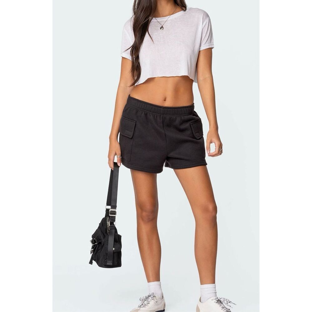NWT Edikted Garnet Cargo Sweat Shorts Dark Gray Pockets Fleece Pull on Womens XS